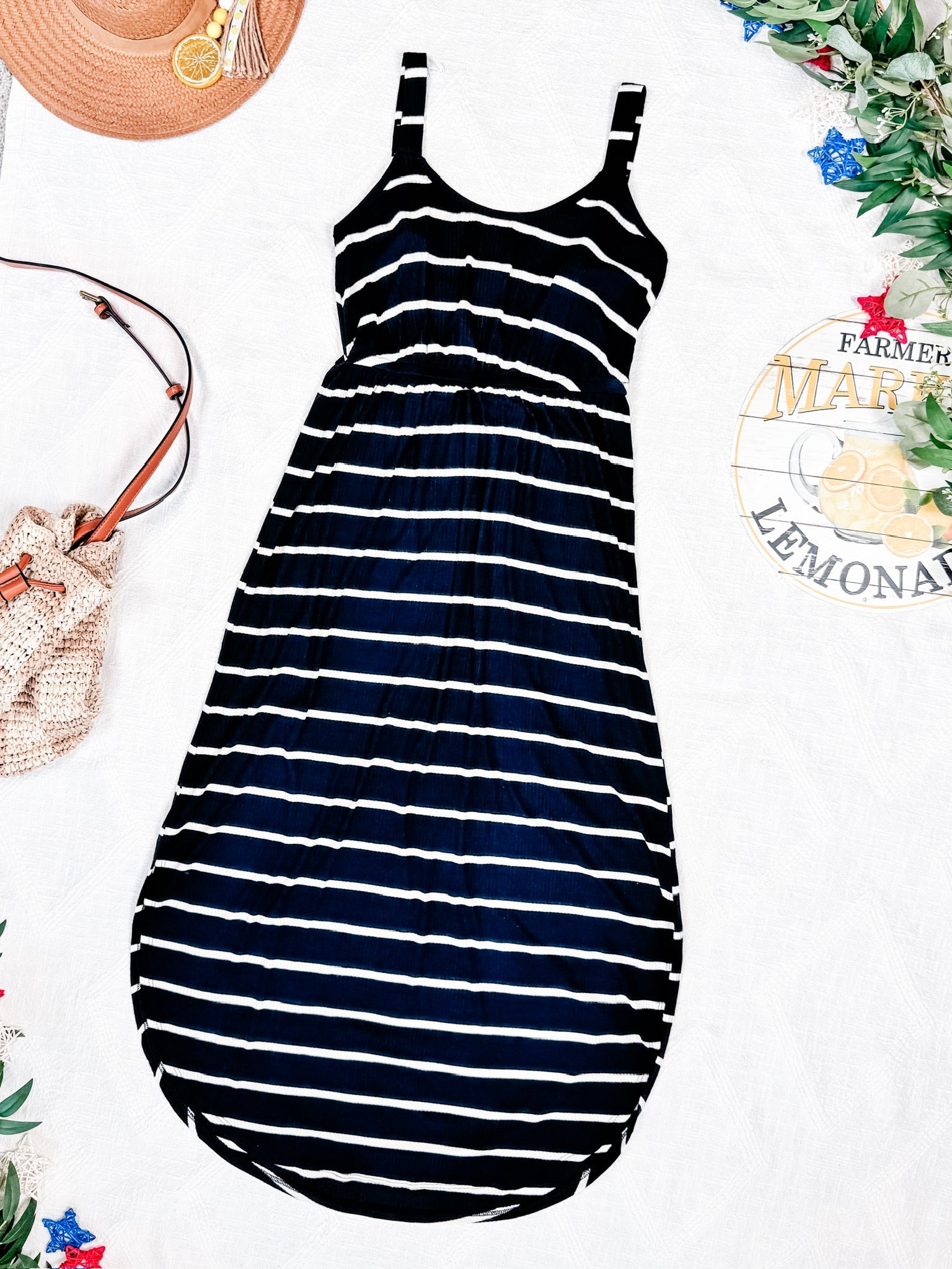 Reagan Ribbed Midi Dress - Midnight Navy Stripes